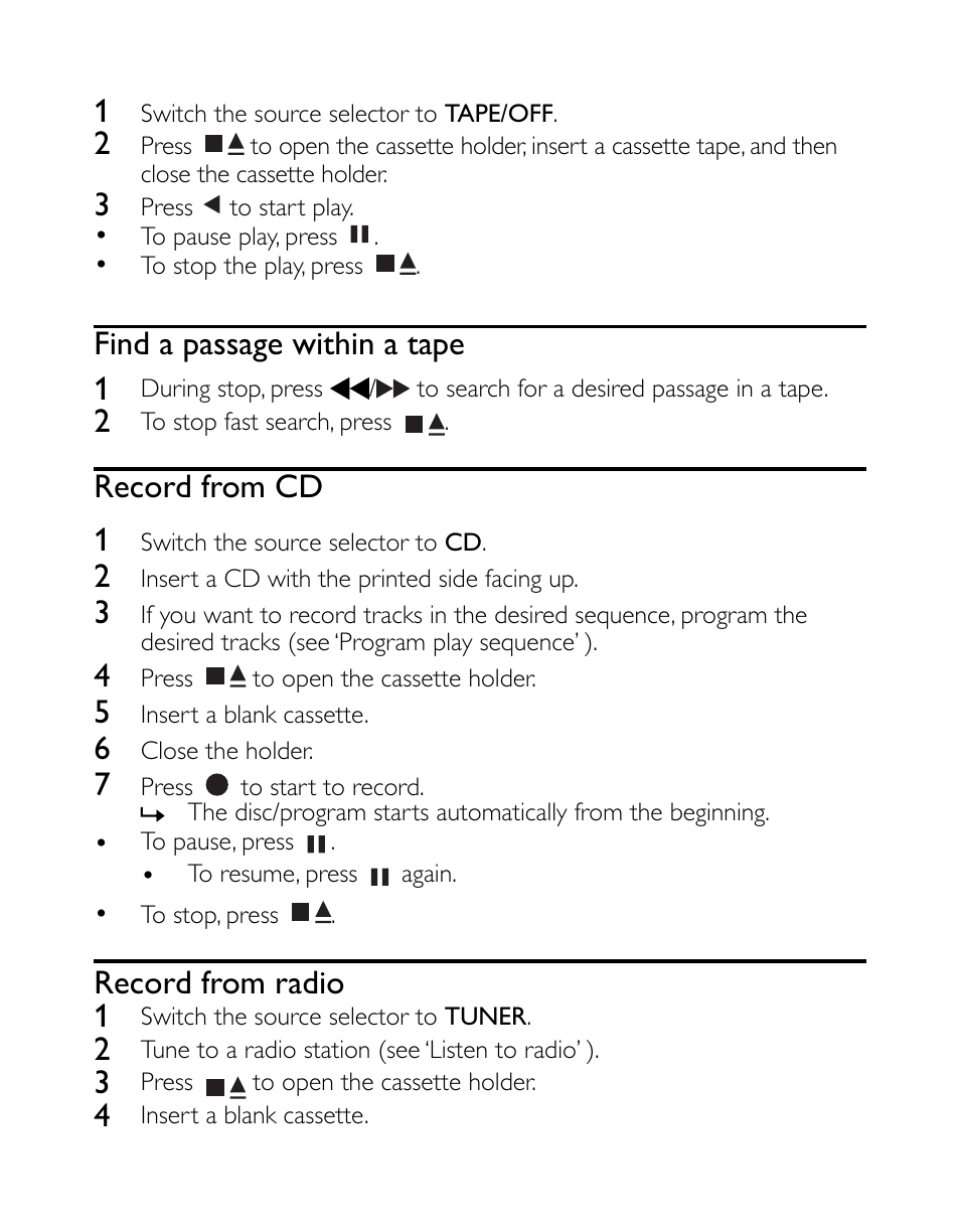 Find a passage within a tape 1, Record from cd 1, Record from radio 1 | Philips AZ1027/12 User Manual | Page 13 / 16