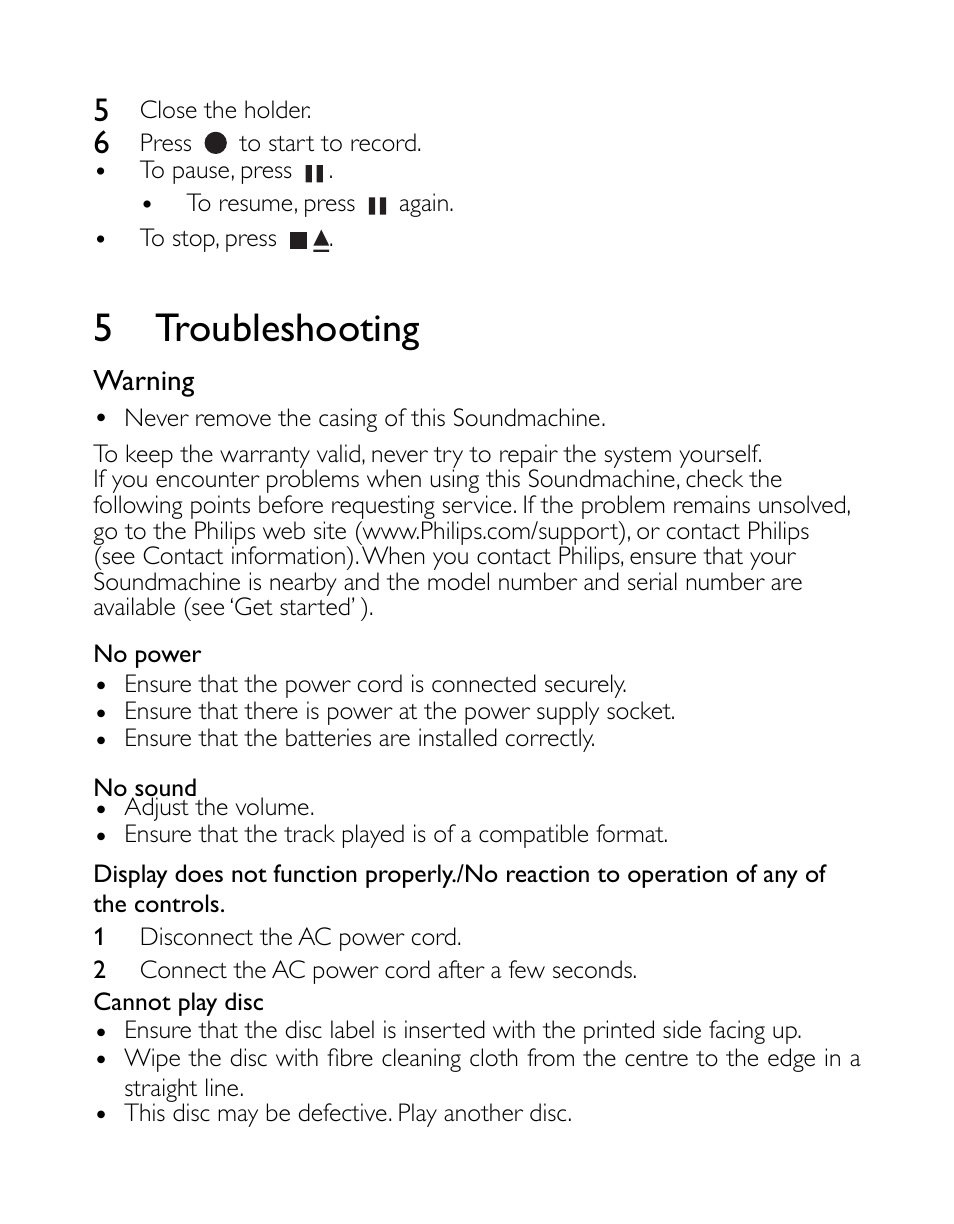 5 troubleshooting | Philips AZ1027/12 User Manual | Page 14 / 16