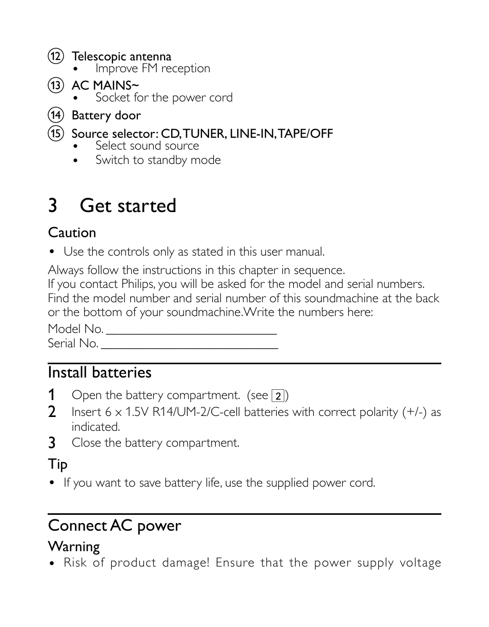 3 get started, Install batteries 1, Connect ac power | Philips AZ1027/12 User Manual | Page 9 / 16