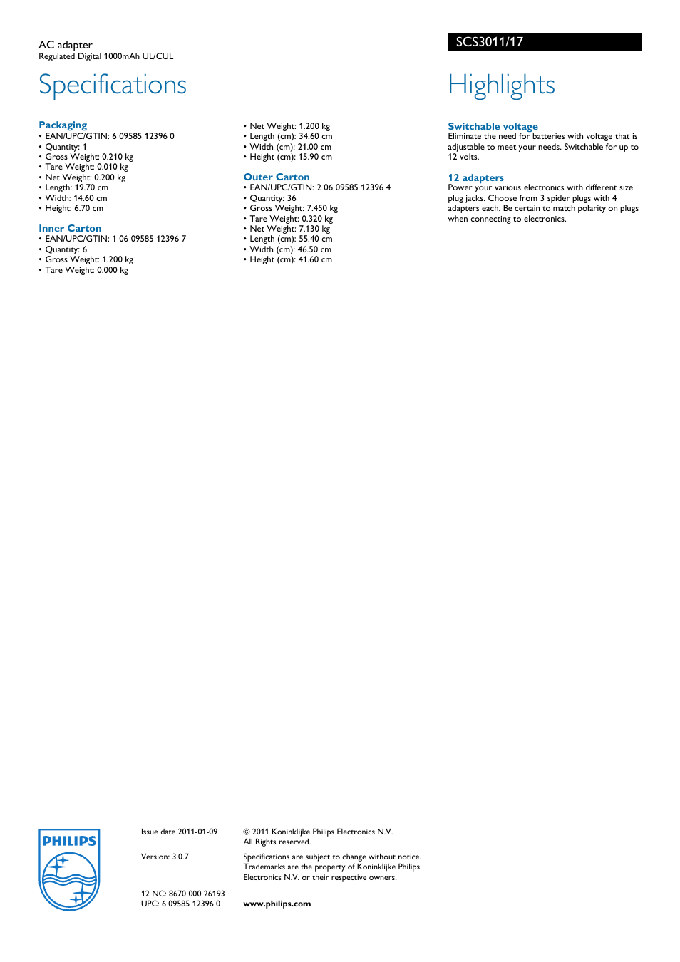 Specifications, Highlights | Philips SCS3011 User Manual | Page 2 / 2