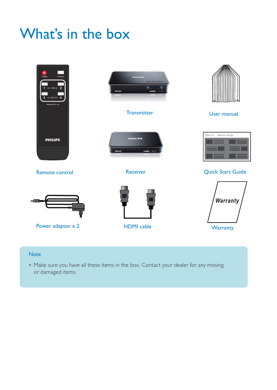 What’s in the box, Or damaged items, Transmitter user manual receiver | Philips SWW1800/27 User Manual | Page 2 / 6