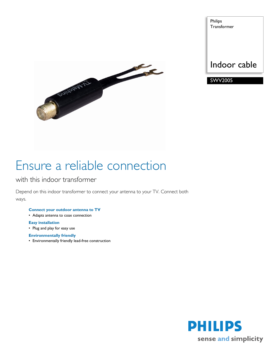Philips TRANSFORMER SWV2005 User Manual | 2 pages