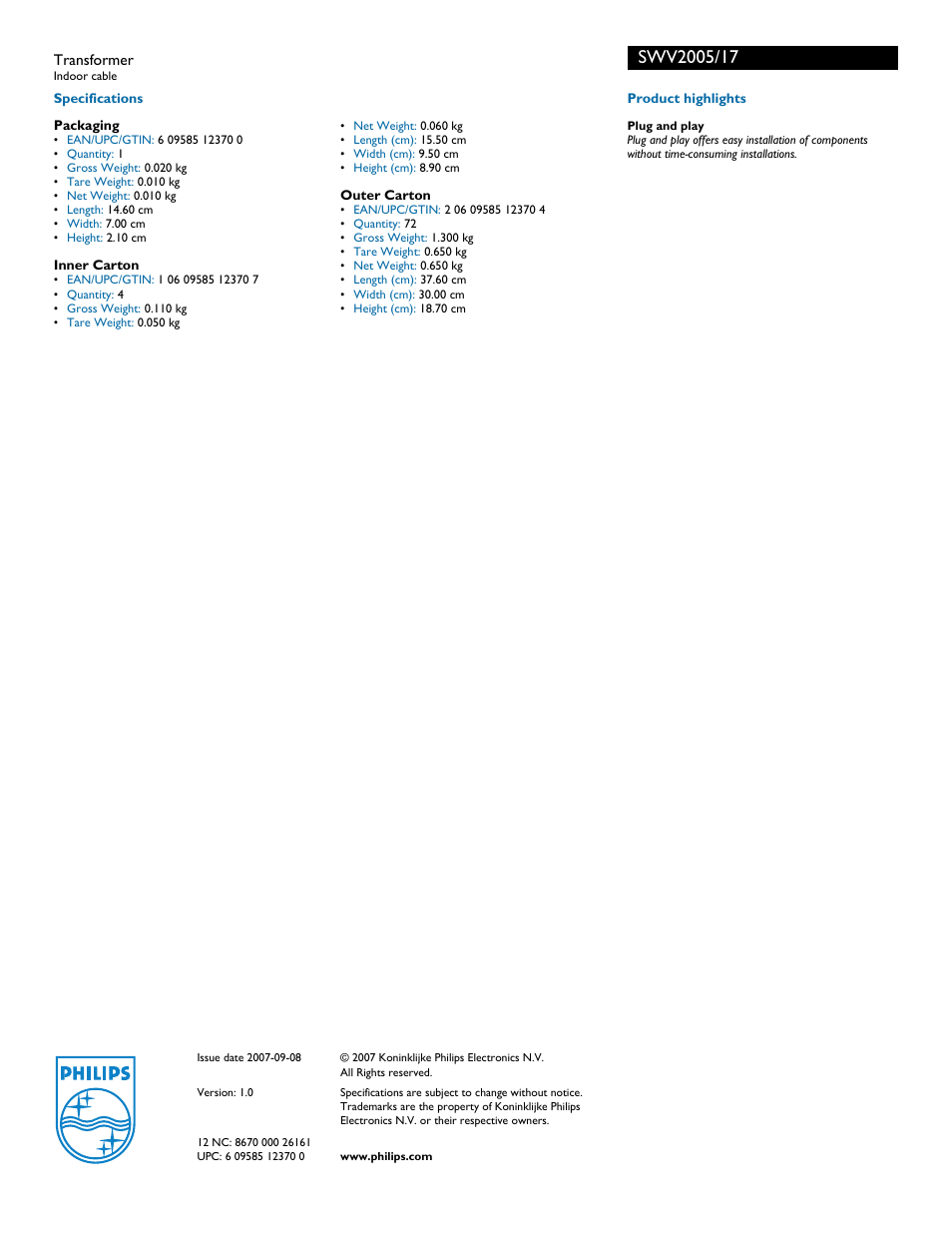 Philips TRANSFORMER SWV2005 User Manual | Page 2 / 2