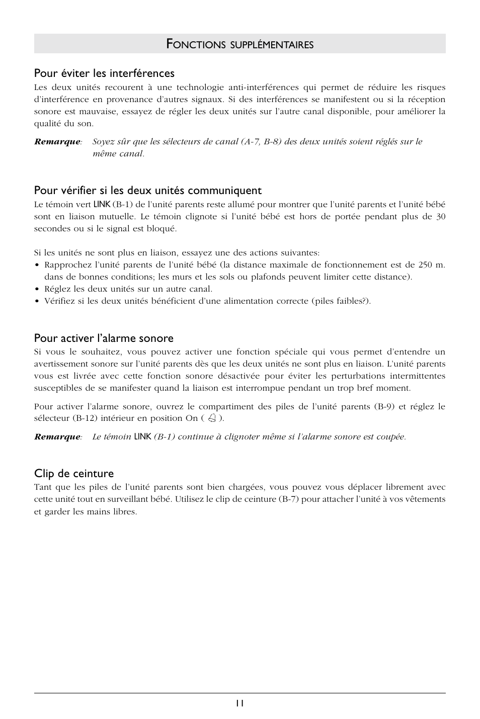 Pour éviter les interférences, Pour vérifier si les deux unités communiquent, Pour activer l’alarme sonore | Clip de ceinture | Philips BABY MONITOR SBC SC368 User Manual | Page 12 / 75