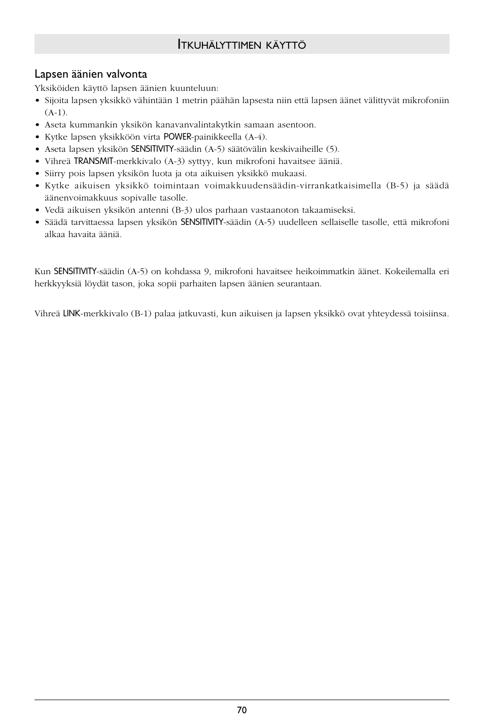 Lapsen äänien valvonta | Philips BABY MONITOR SBC SC368 User Manual | Page 71 / 75