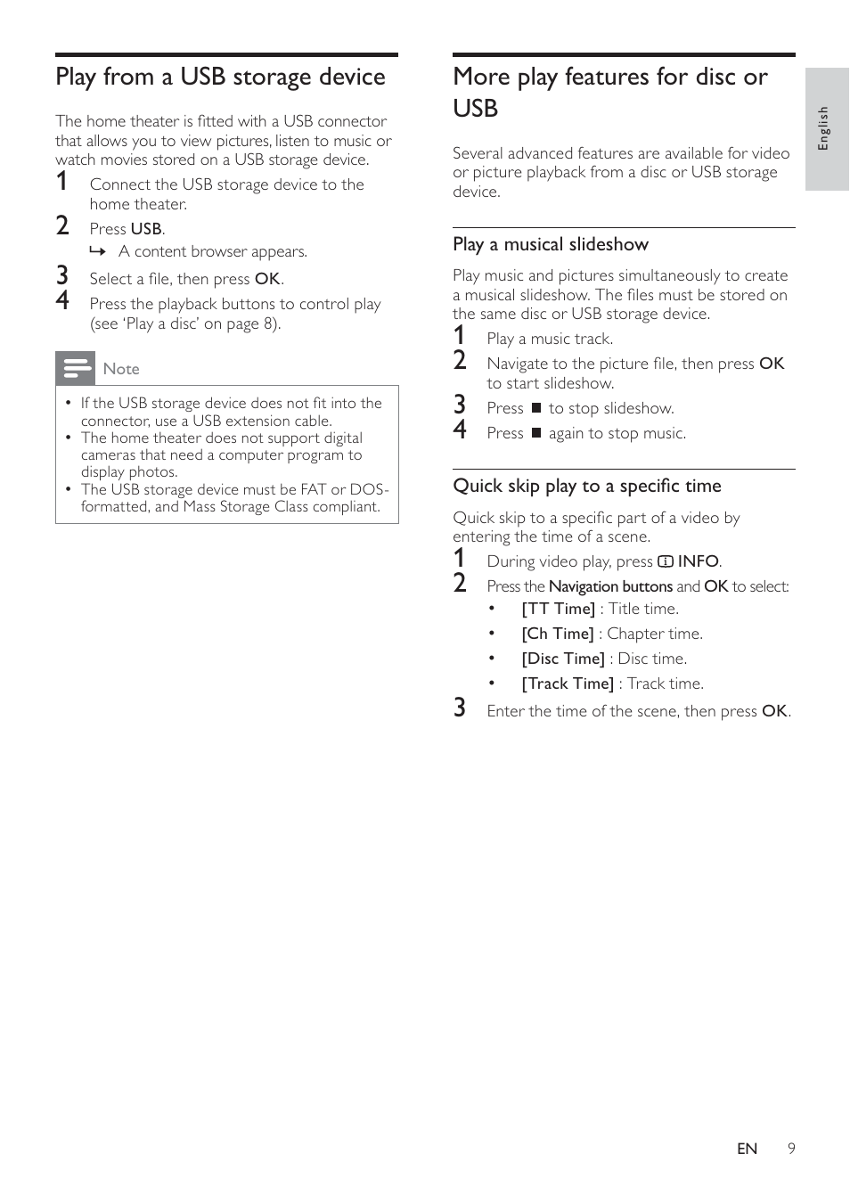 More play features for disc or usb, Play from a usb storage device | Philips HTS2500/94 User Manual | Page 11 / 21