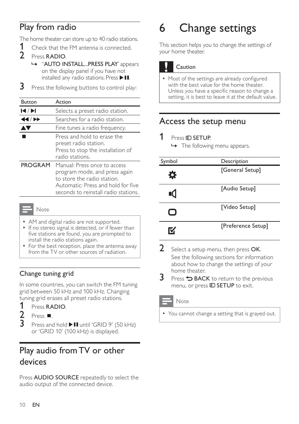 6 change settings, Access the setup menu, Play from radio | Play audio from tv or other devices | Philips HTS2500/94 User Manual | Page 12 / 21