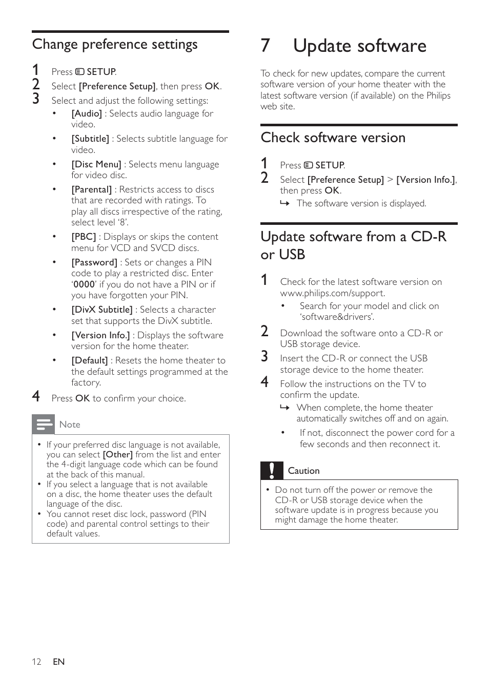 7 update software, Check software version, Update software from a cd-r or usb | Change preference settings | Philips HTS2500/94 User Manual | Page 14 / 21