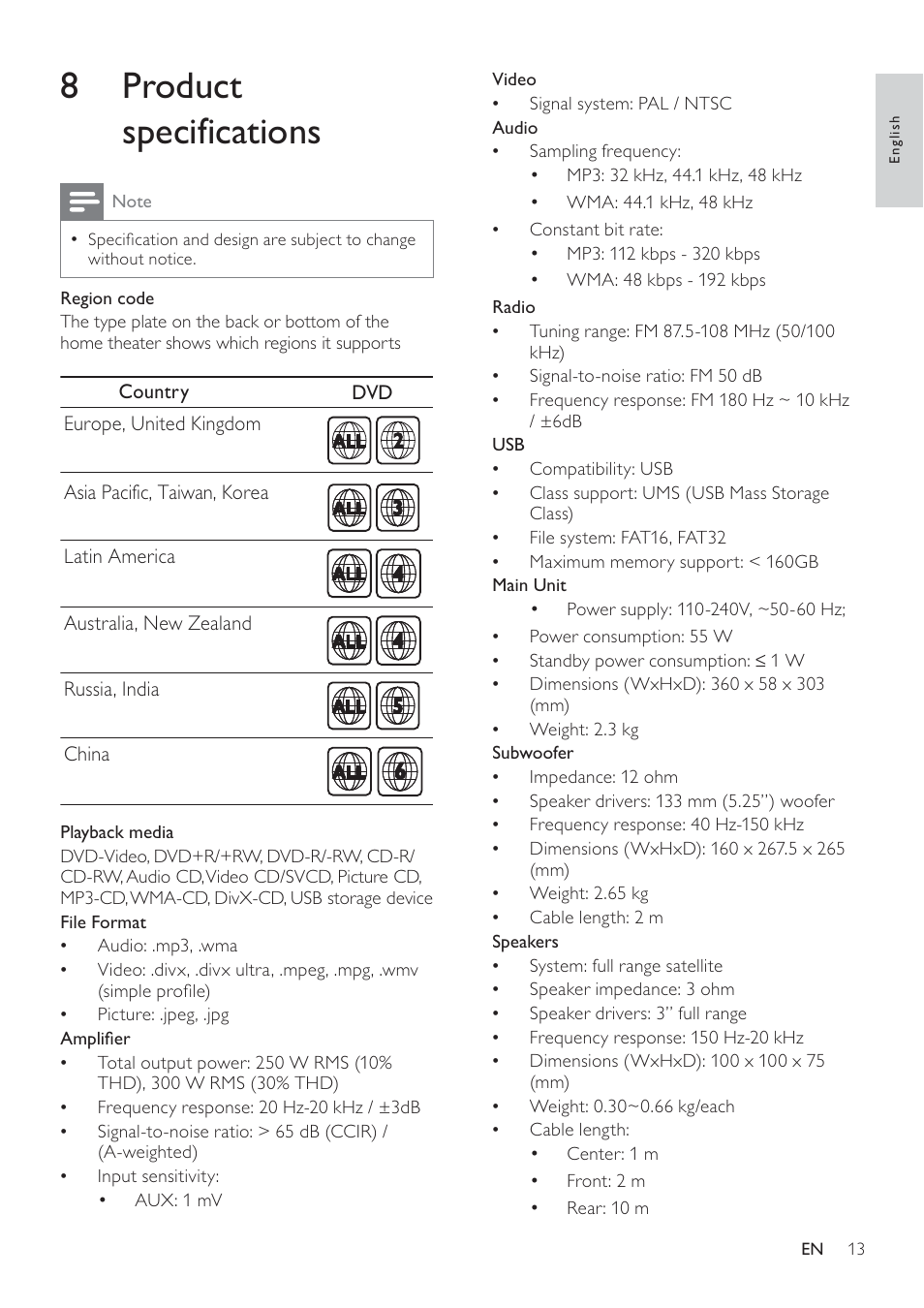 8 product specifications | Philips HTS2500/94 User Manual | Page 15 / 21