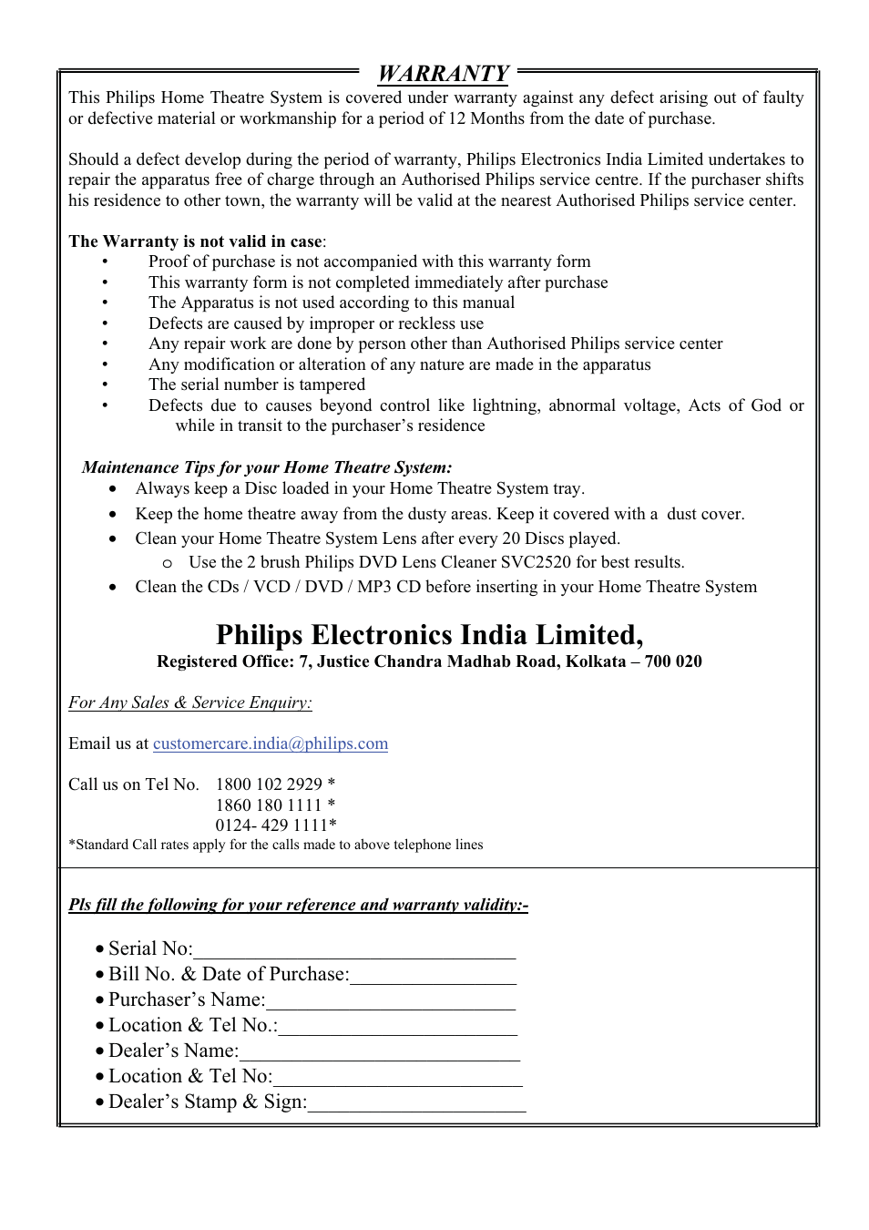 Philips electronics india limited, Warranty | Philips HTS2500/94 User Manual | Page 19 / 21