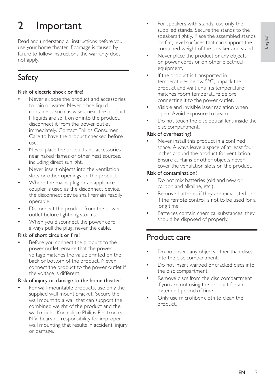 2 important, Product care, Safety | Philips HTS2500/94 User Manual | Page 5 / 21