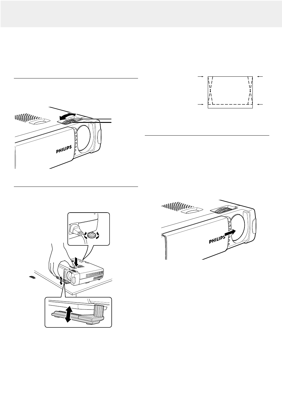 Adjusting the focus of the image, Adjusting height and level of the projector, Moving the projector | Set up | Philips LC5241 User Manual | Page 9 / 24