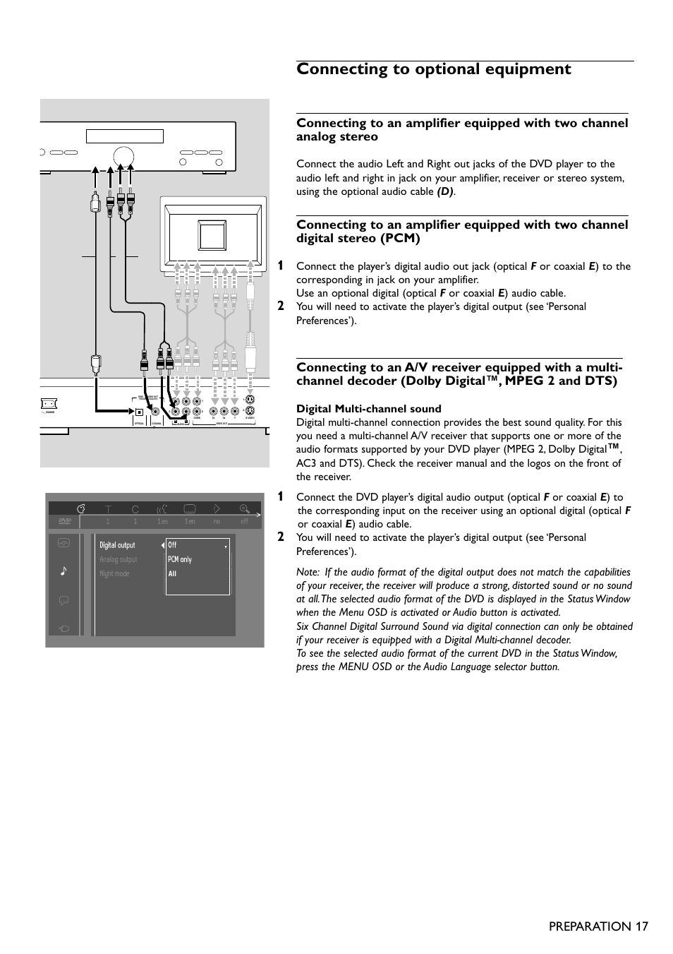 Connecting to optional equipment, Preparation 17, Tv amplifier | Philips DVD751 User Manual | Page 17 / 36