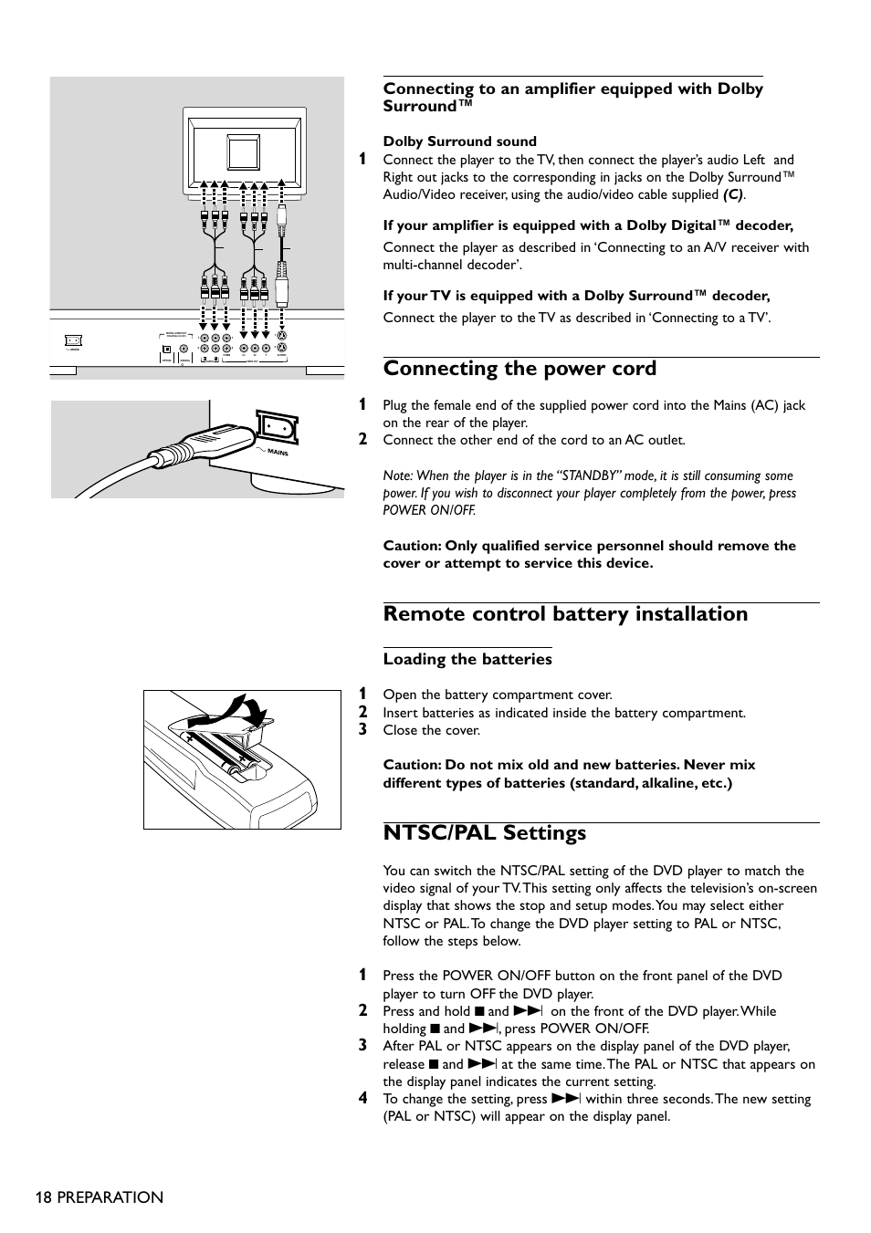 Connecting the power cord, Remote control battery installation, Ntsc/pal settings | Loading the batteries, Dolby surround sound, Open the battery compartment cover | Philips DVD751 User Manual | Page 18 / 36