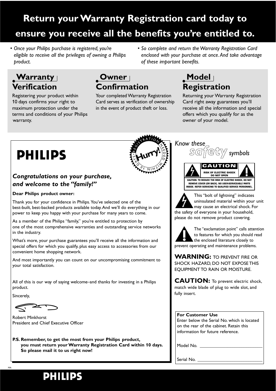 Safety, Hur ry, Warranty verification | Owner confirmation, Model registration, Know these, Symbols, Warning, Caution | Philips DVD751 User Manual | Page 2 / 36