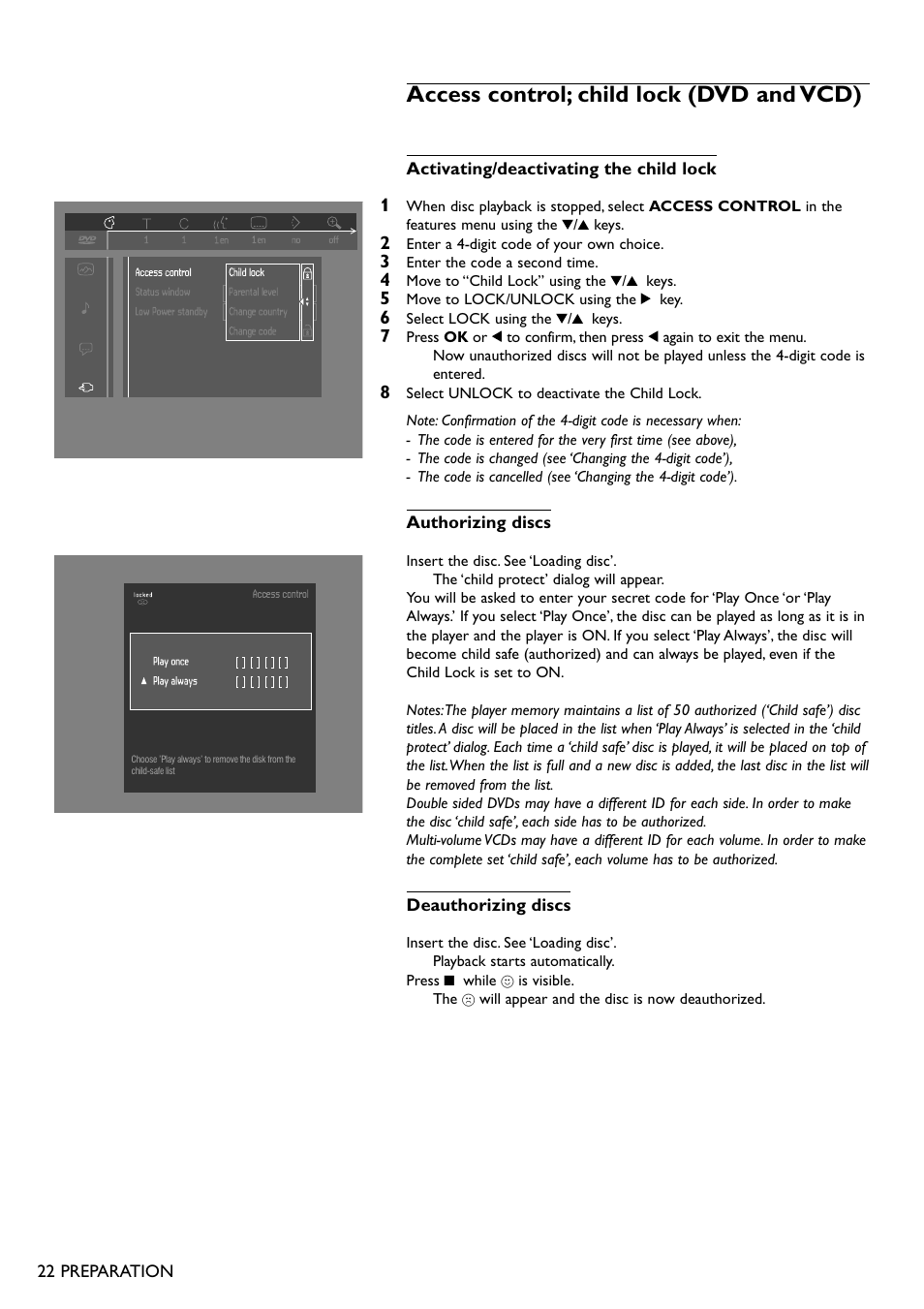 Access control; child lock (dvd and vcd) | Philips DVD751 User Manual | Page 22 / 36