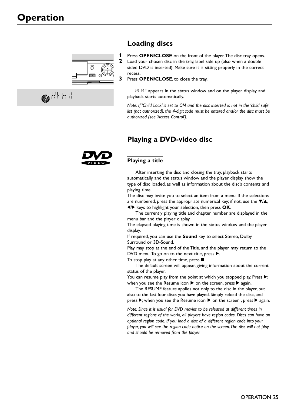 Operation, Loading discs, Playing a dvd-video disc | Philips DVD751 User Manual | Page 25 / 36