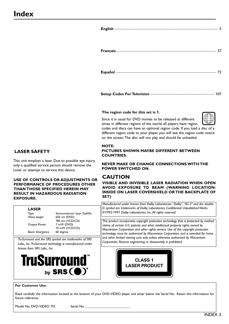 Index, Caution | Philips DVD751 User Manual | Page 3 / 36