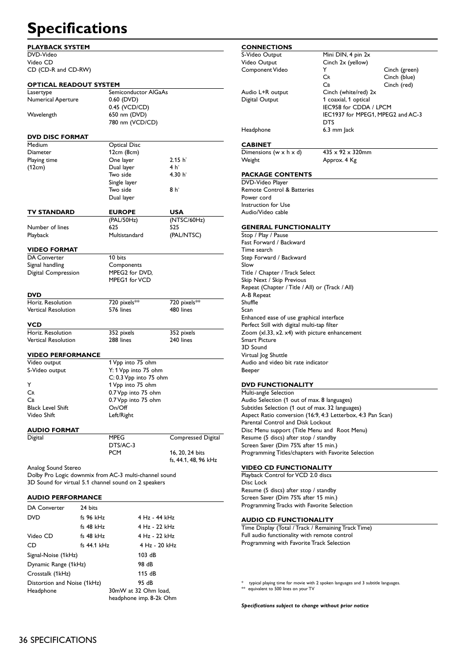 Specifications, 36 specifications | Philips DVD751 User Manual | Page 36 / 36