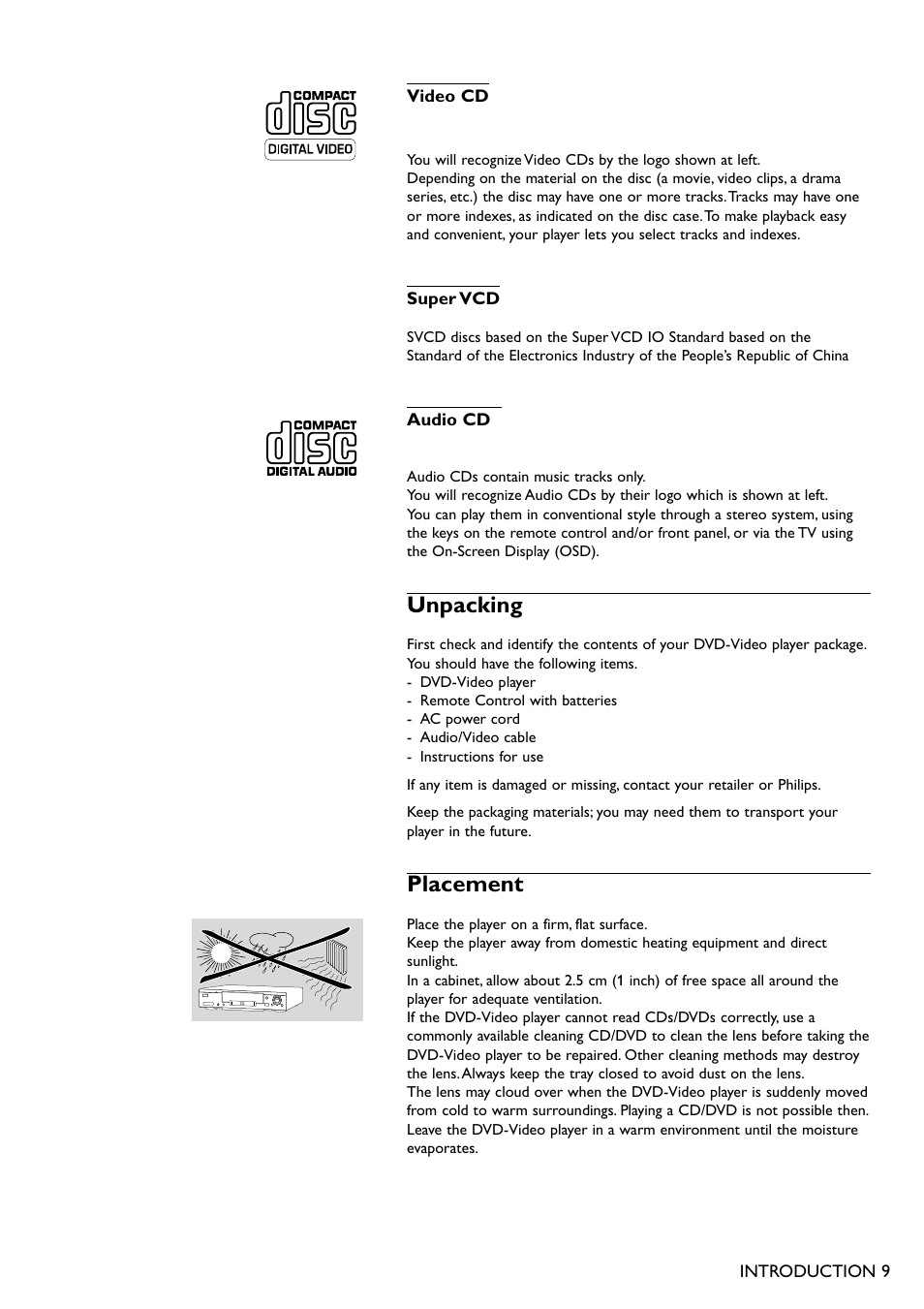 Unpacking, Placement | Philips DVD751 User Manual | Page 9 / 36