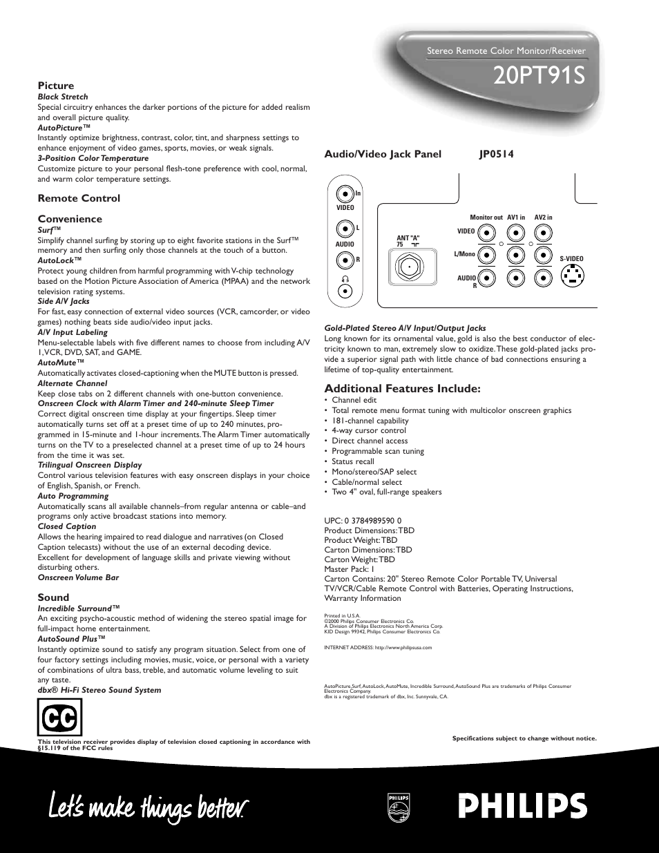 20pt91s, Additional features include, Picture | Remote control convenience, Sound, Audio/video jack panel jp0514 | Philips 20PT 91S User Manual | Page 2 / 2