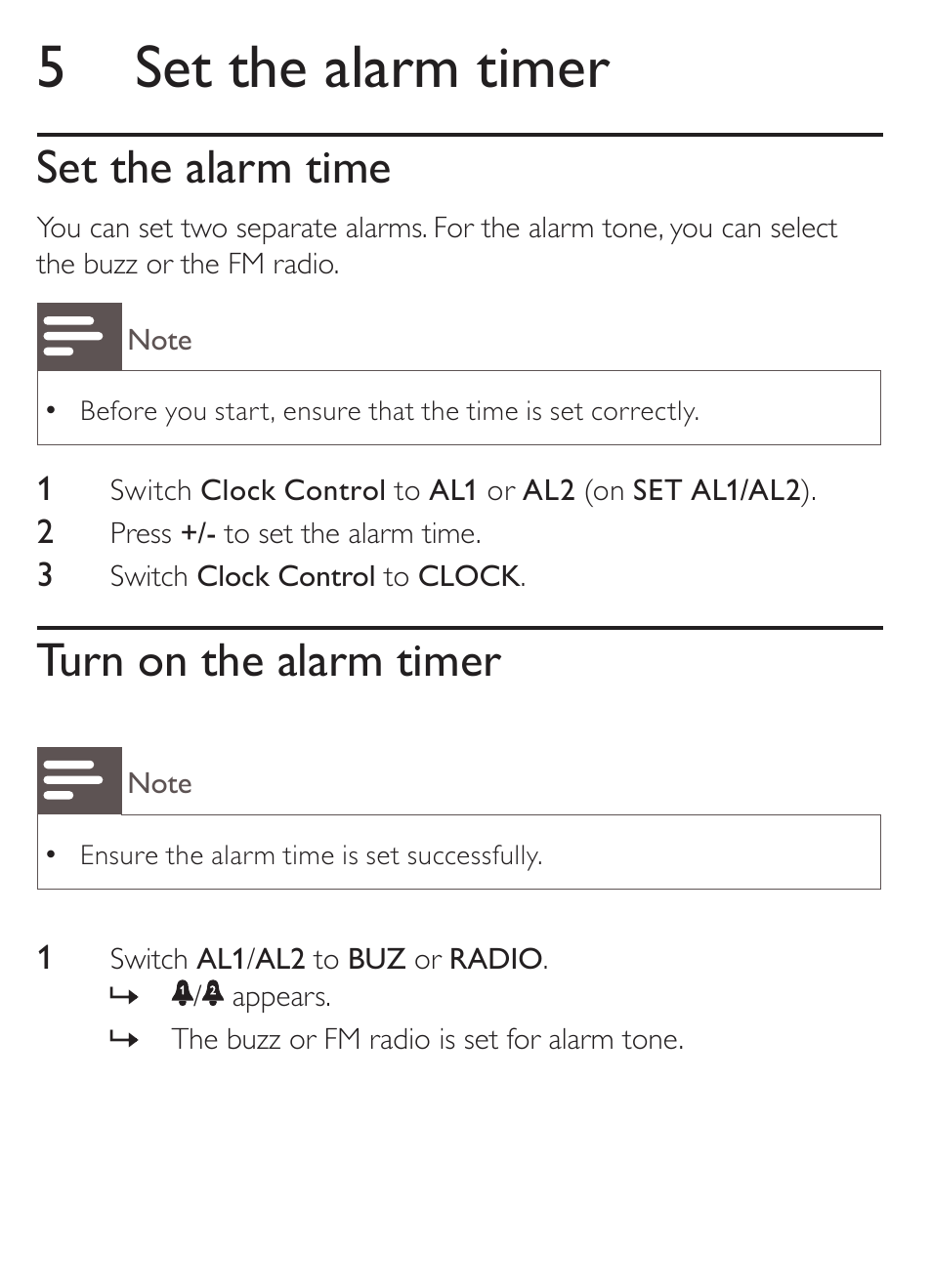 5 set the alarm timer, Set the alarm time, Turn on the alarm timer | Philips AJ1000 User Manual | Page 10 / 15