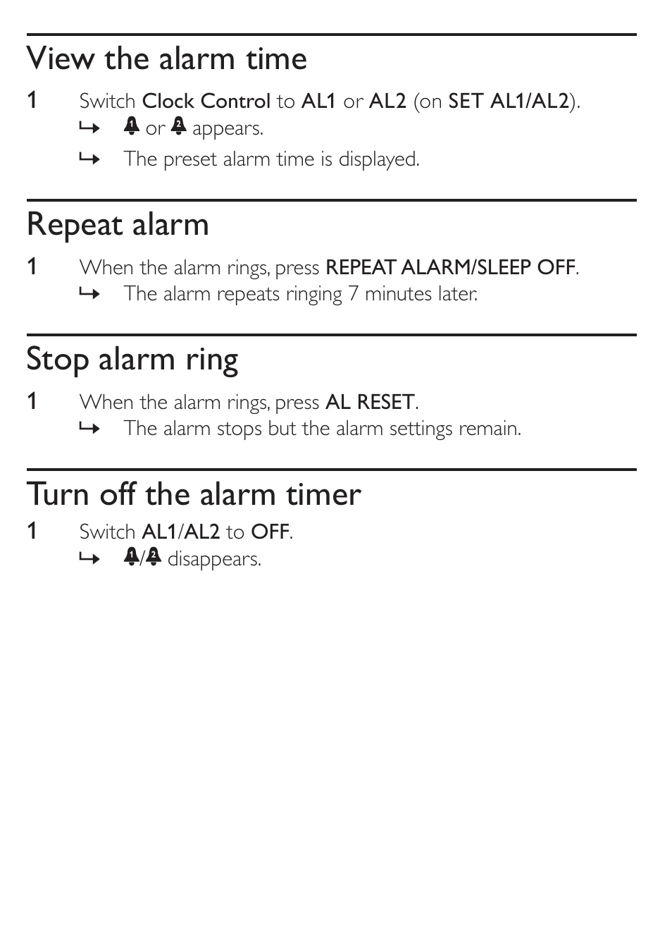View the alarm time, Repeat alarm, Stop alarm ring | Turn off the alarm timer | Philips AJ1000 User Manual | Page 11 / 15