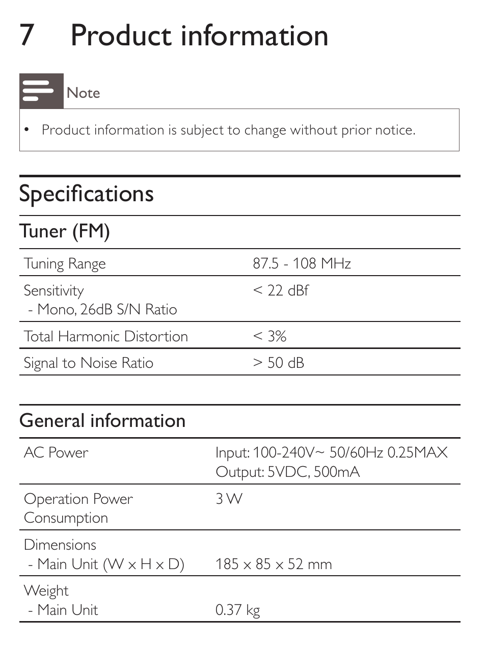 7 product information, Specifications, Tuner (fm) | General information | Philips AJ1000 User Manual | Page 13 / 15