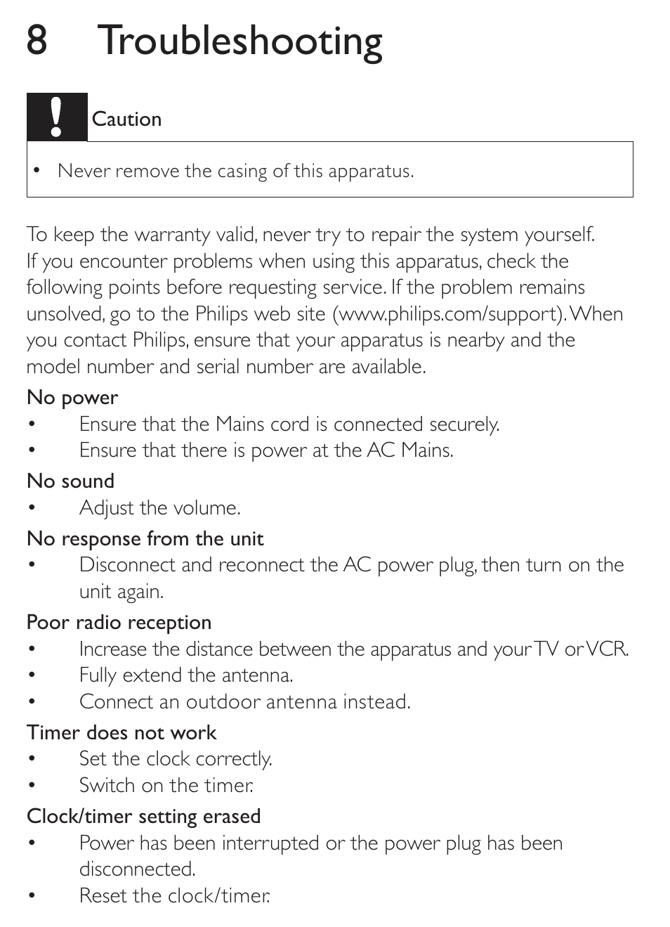 8 troubleshooting | Philips AJ1000 User Manual | Page 14 / 15