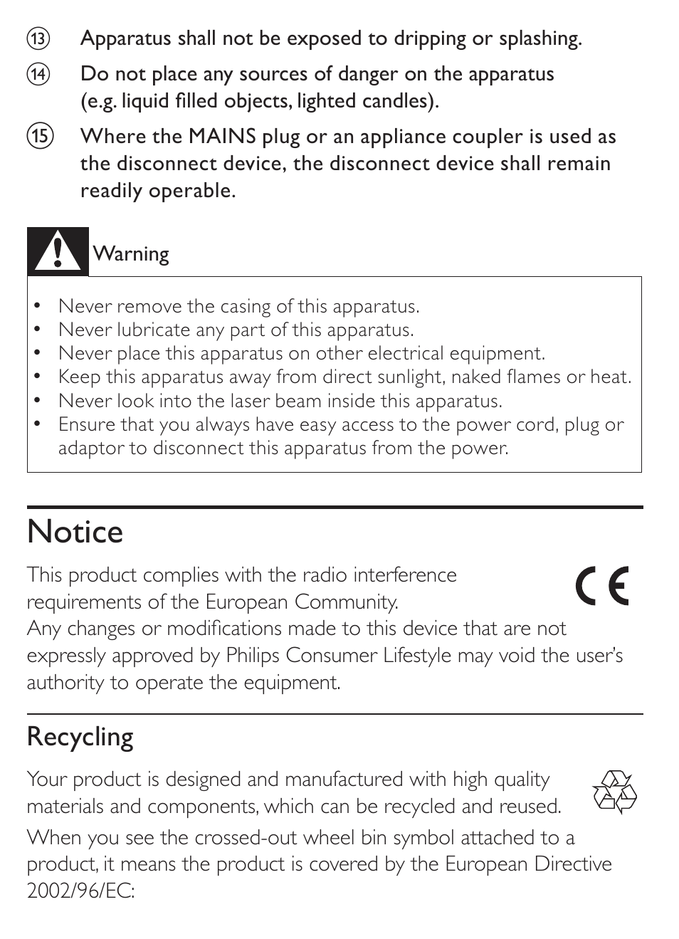 Notice, Recycling | Philips AJ1000 User Manual | Page 3 / 15