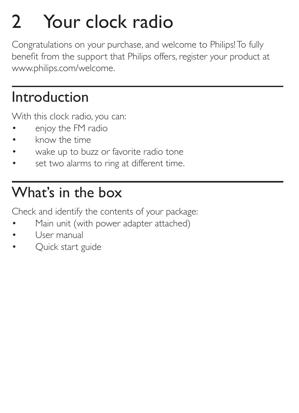 2 your clock radio, Introduction, What’s in the box | Philips AJ1000 User Manual | Page 5 / 15