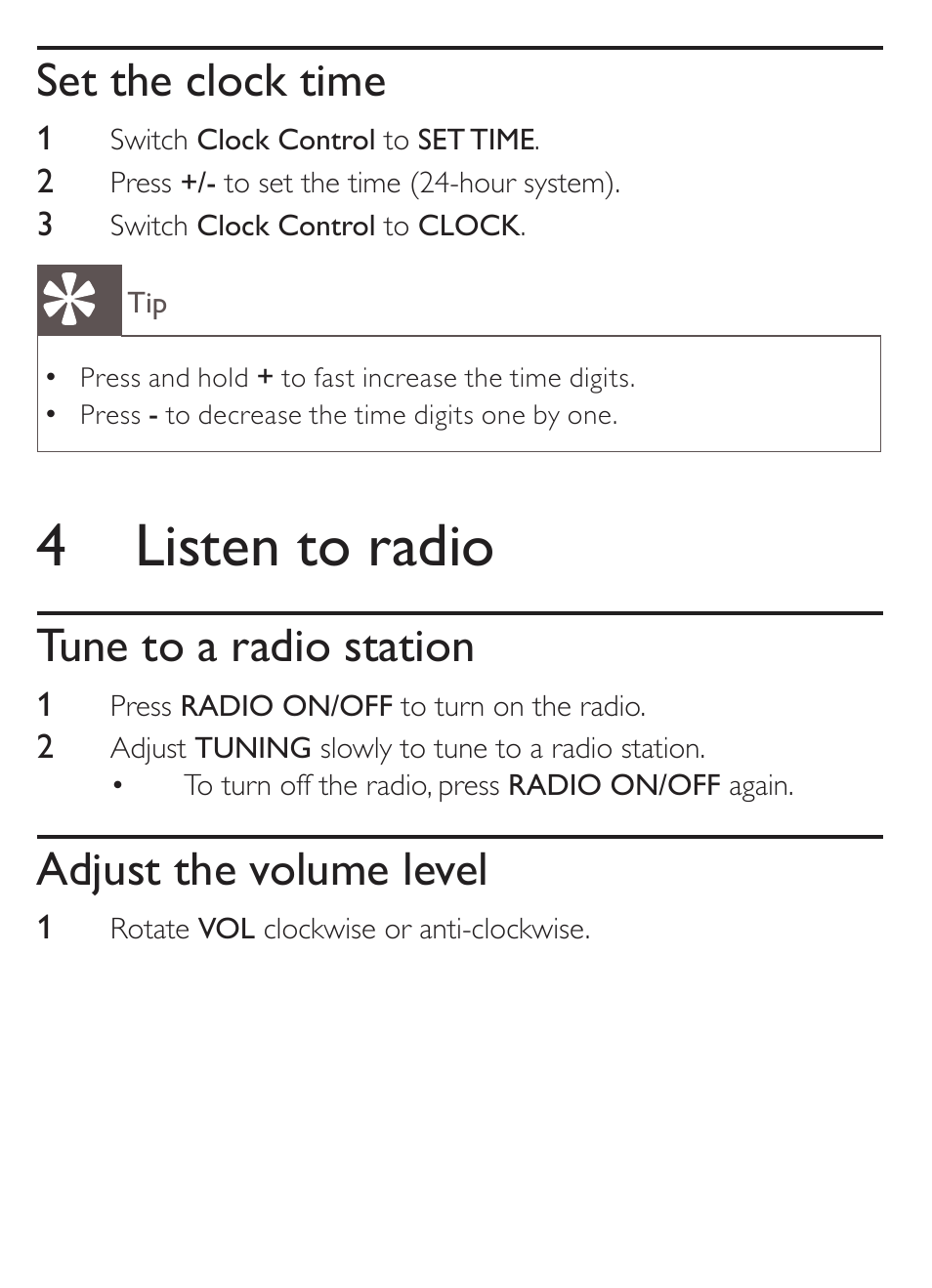 4 listen to radio, Set the clock time, Tune to a radio station | Adjust the volume level | Philips AJ1000 User Manual | Page 9 / 15