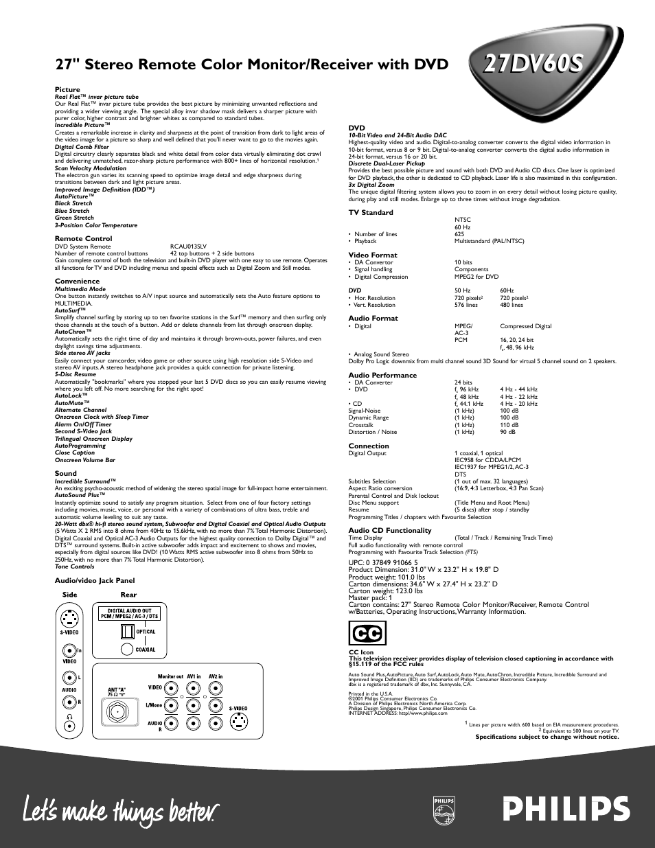 27dv60s, 27" stereo remote color monitor/receiver with dvd | Philips 27DV 60S User Manual | Page 2 / 2