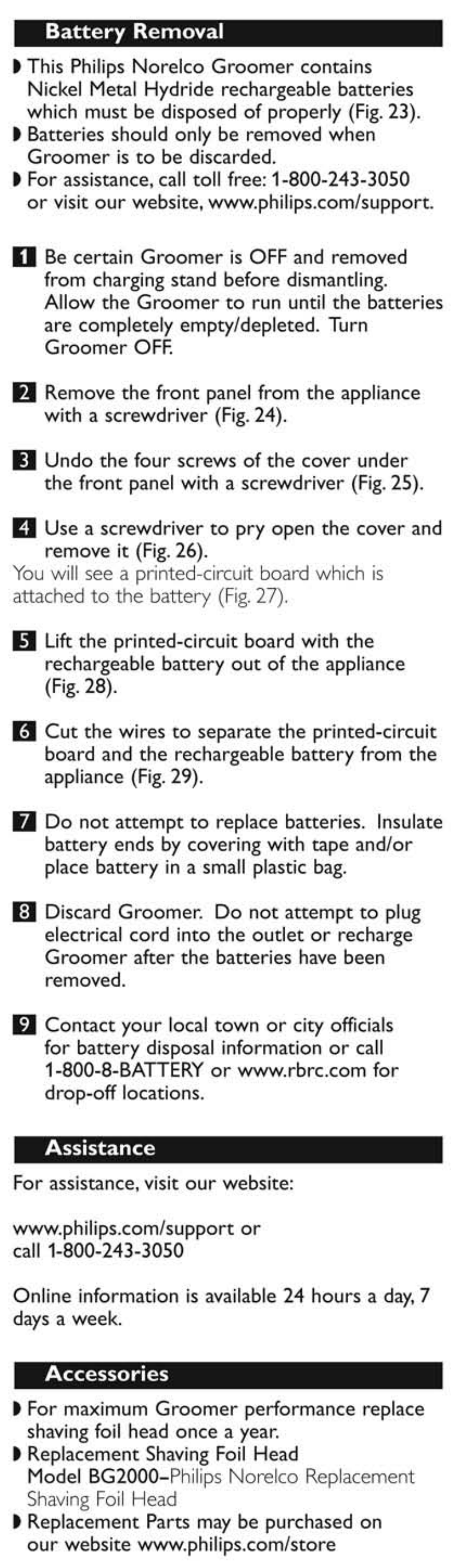Battery removal, Assistance, Accessories | Philips BG2040 User Manual | Page 10 / 11