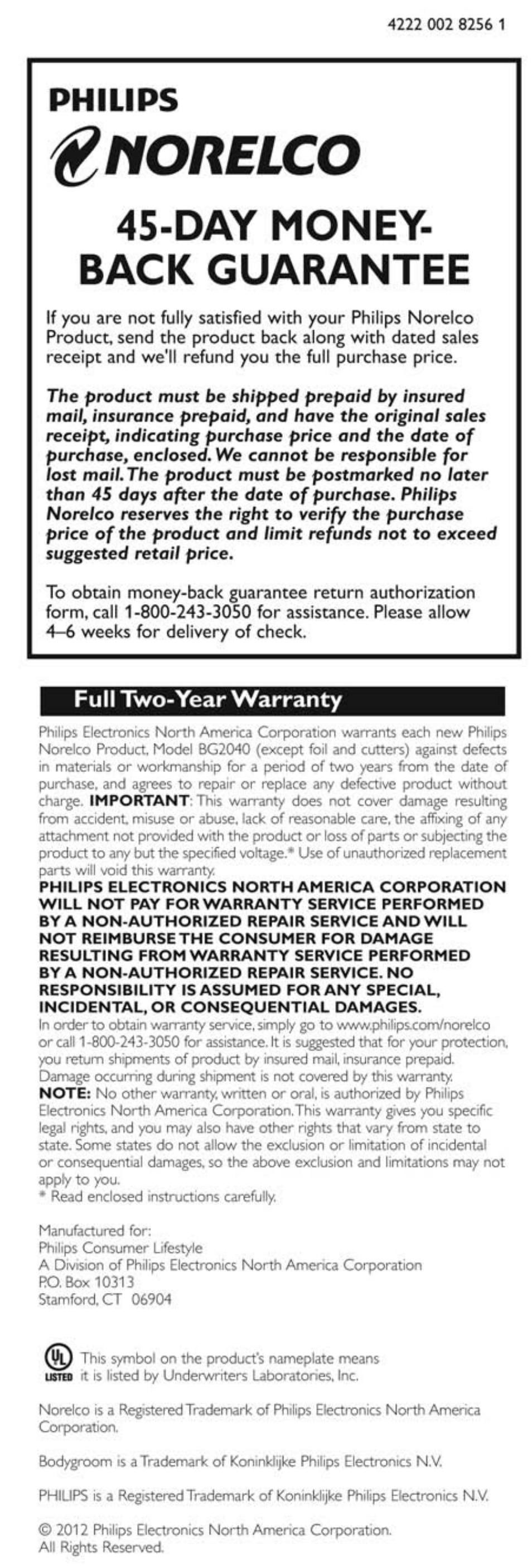 Norelco, Full two-year warranty, Day money- back guarantee | Philips | Philips BG2040 User Manual | Page 11 / 11