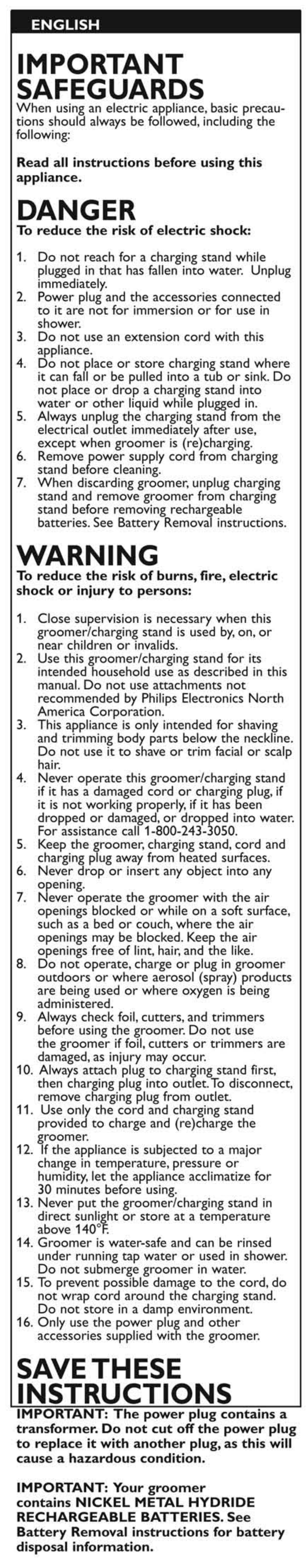 Important, Safeguards, Danger | Warning, Savethese instructions, Important safeguards | Philips BG2040 User Manual | Page 2 / 11