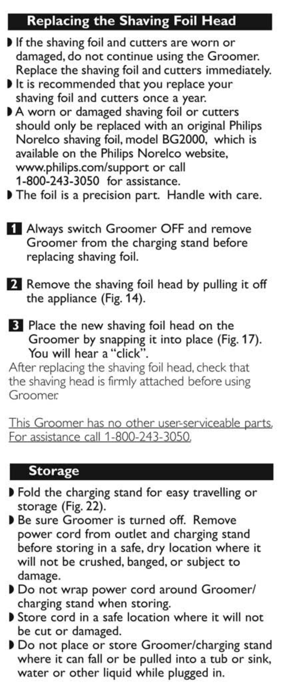 Replacing the shaving foil head, Storage | Philips BG2040 User Manual | Page 9 / 11