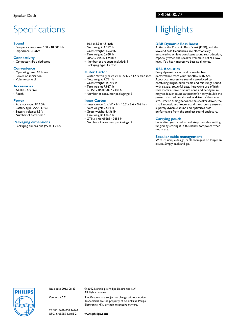 Specifications, Highlights | Philips SBD6000 User Manual | Page 2 / 2