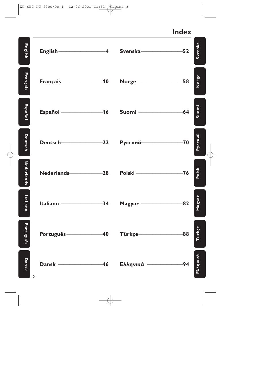 Index | Philips HC8300 User Manual | Page 3 / 10