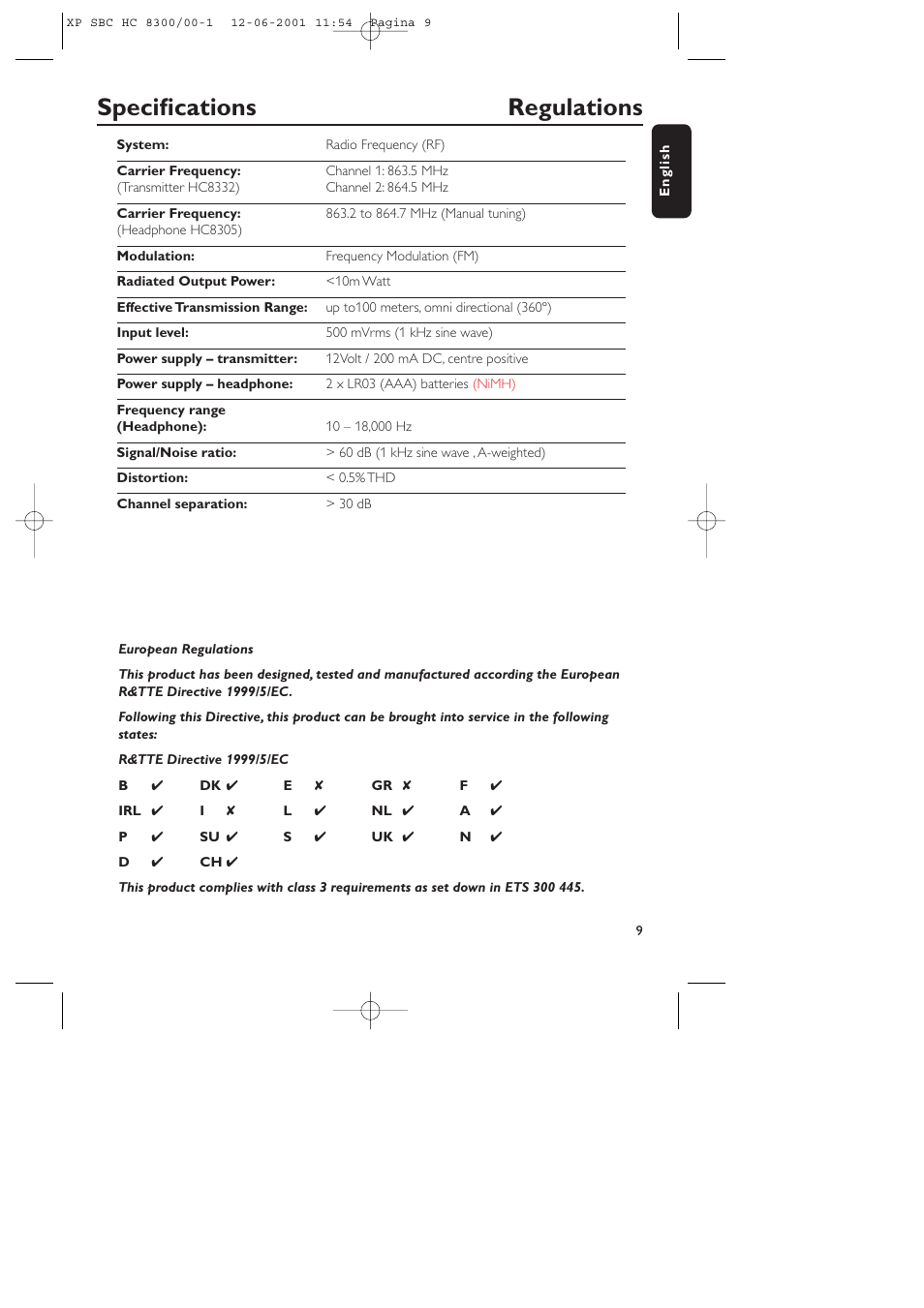 Specifications regulations | Philips HC8300 User Manual | Page 9 / 10