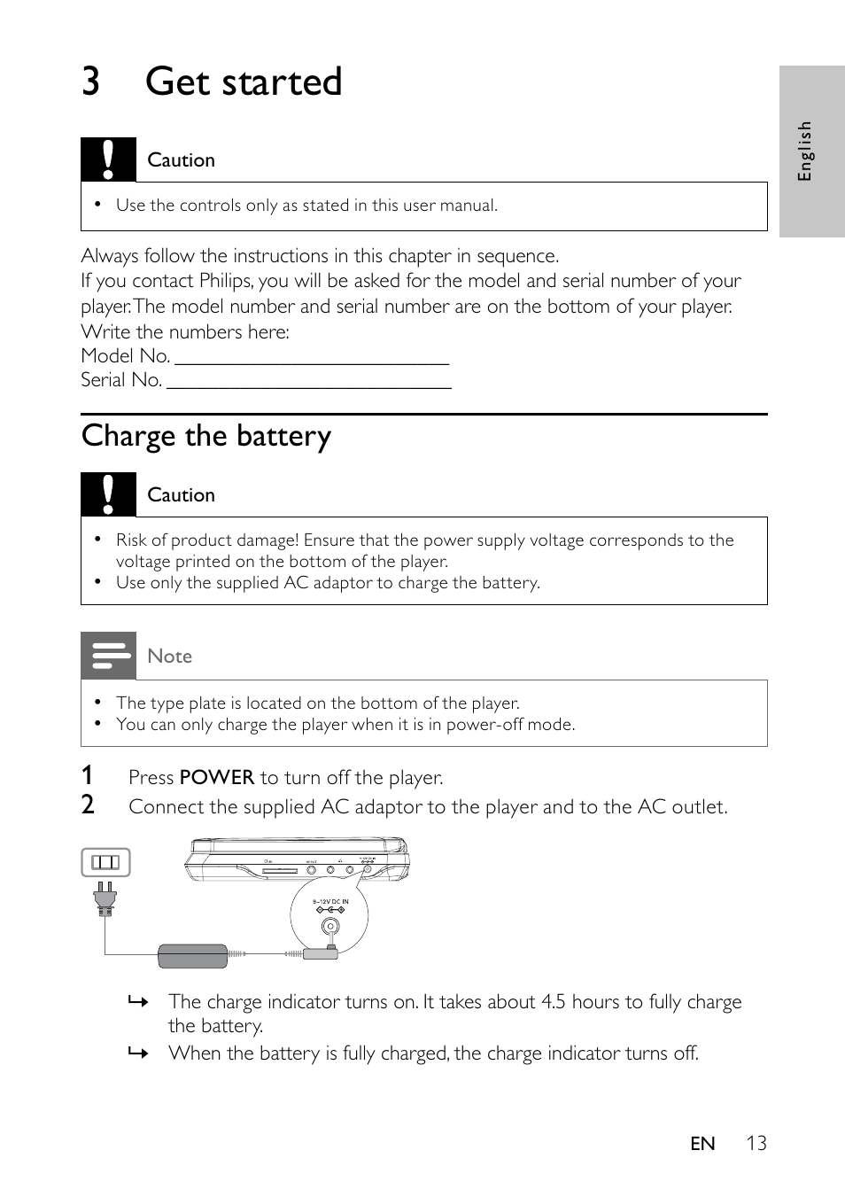 3 get started, Charge the battery | Philips PET744/12 User Manual | Page 12 / 20