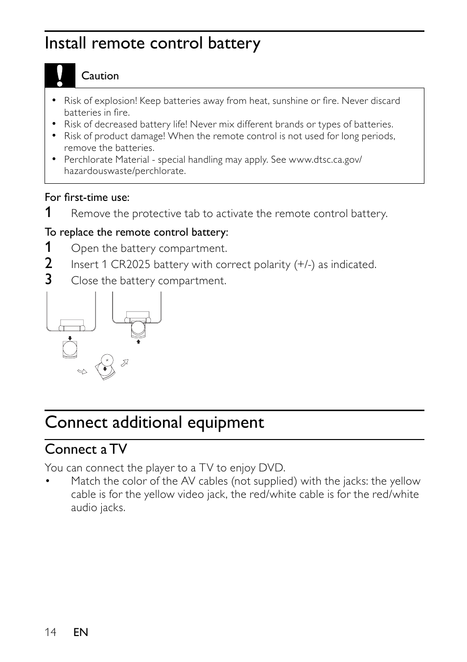 Install remote control battery, Connect additional equipment, Connect a tv | Philips PET744/12 User Manual | Page 13 / 20