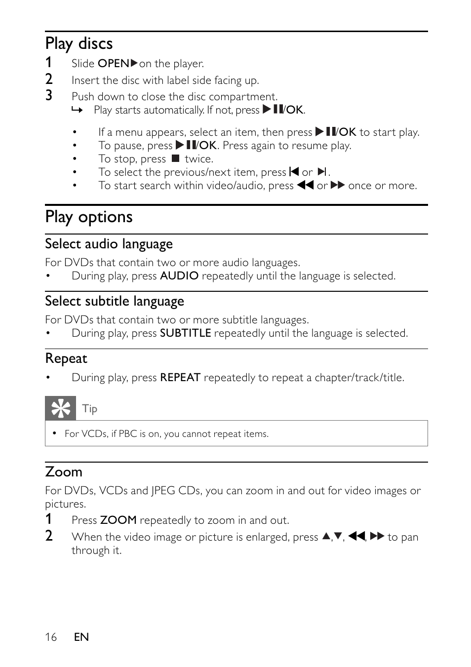 Play discs, Play options, Select audio language | Select subtitle language, Repeat, Zoom | Philips PET744/12 User Manual | Page 15 / 20