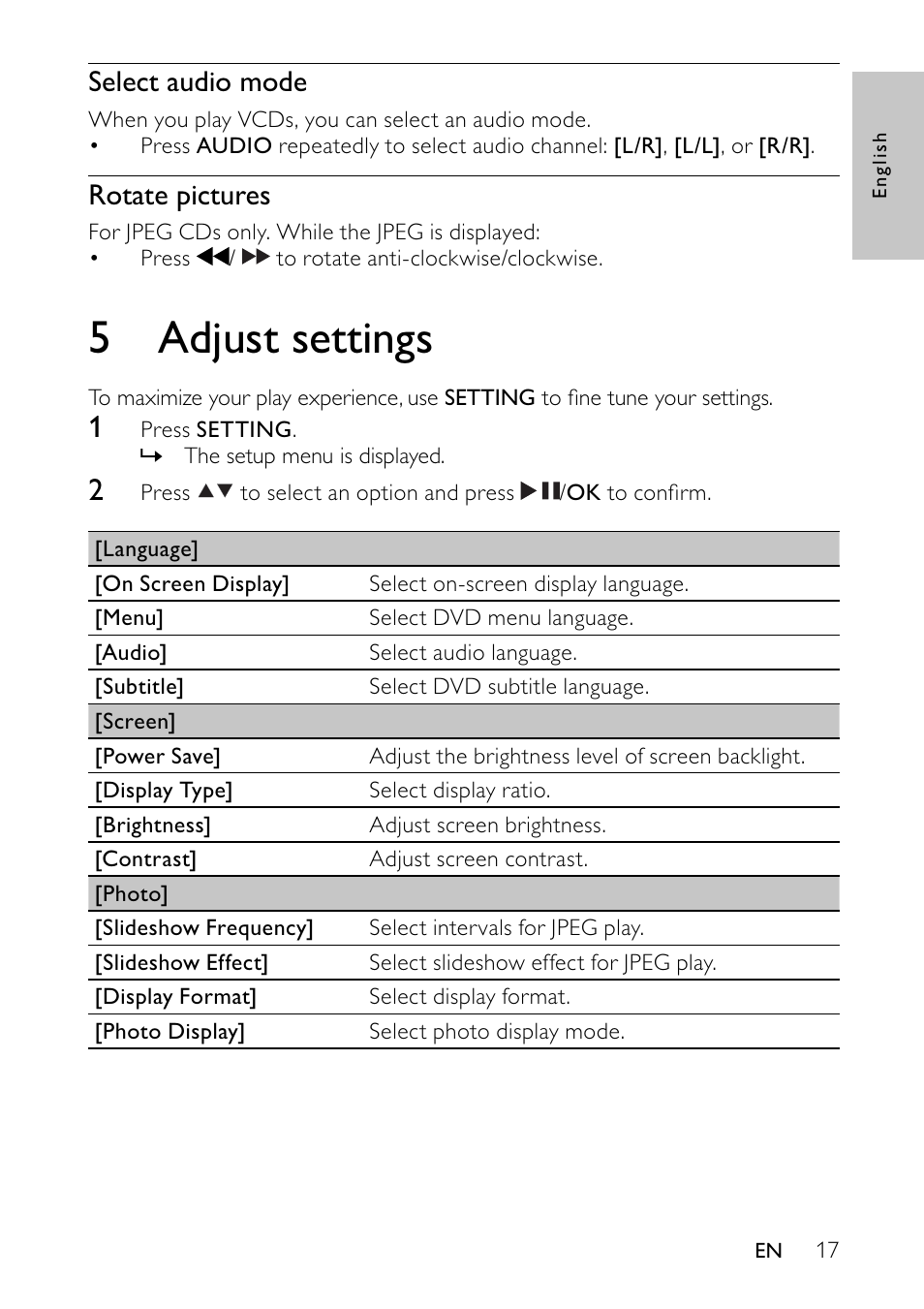 5 adjust settings, Select audio mode, Rotate pictures | Philips PET744/12 User Manual | Page 16 / 20