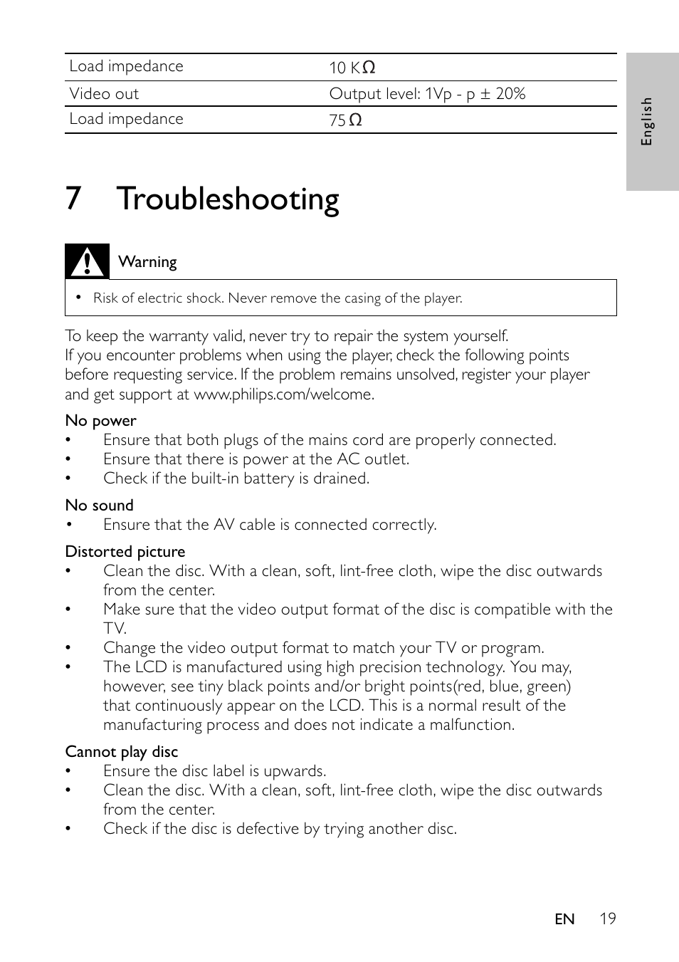 7 troubleshooting | Philips PET744/12 User Manual | Page 18 / 20