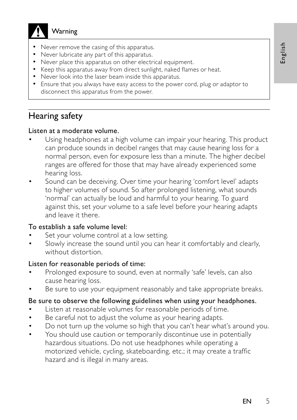 Hearing safety | Philips PET744/12 User Manual | Page 4 / 20