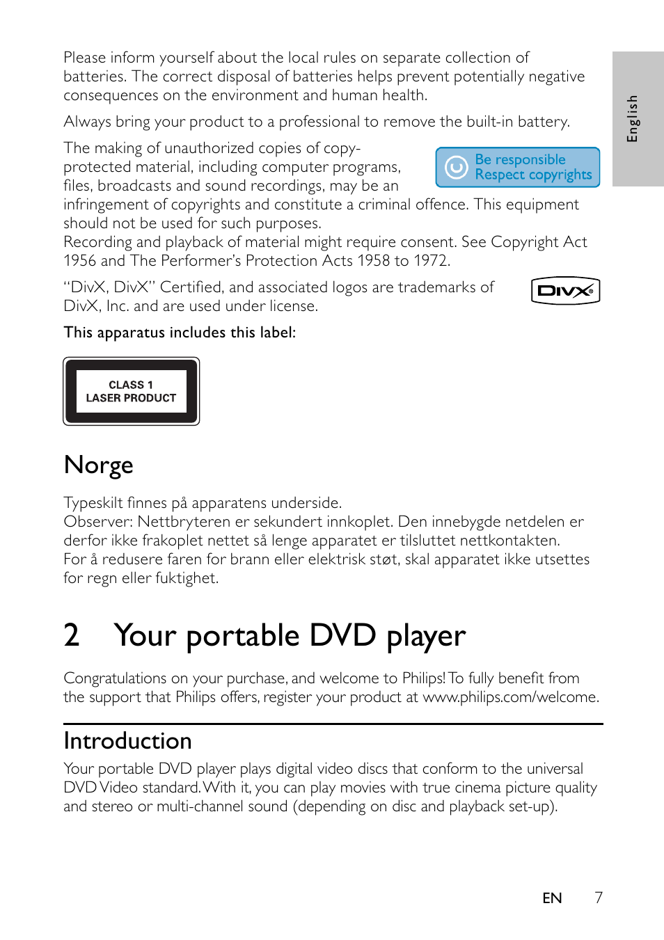 2 your portable dvd player, Norge, Introduction | Philips PET744/12 User Manual | Page 6 / 20