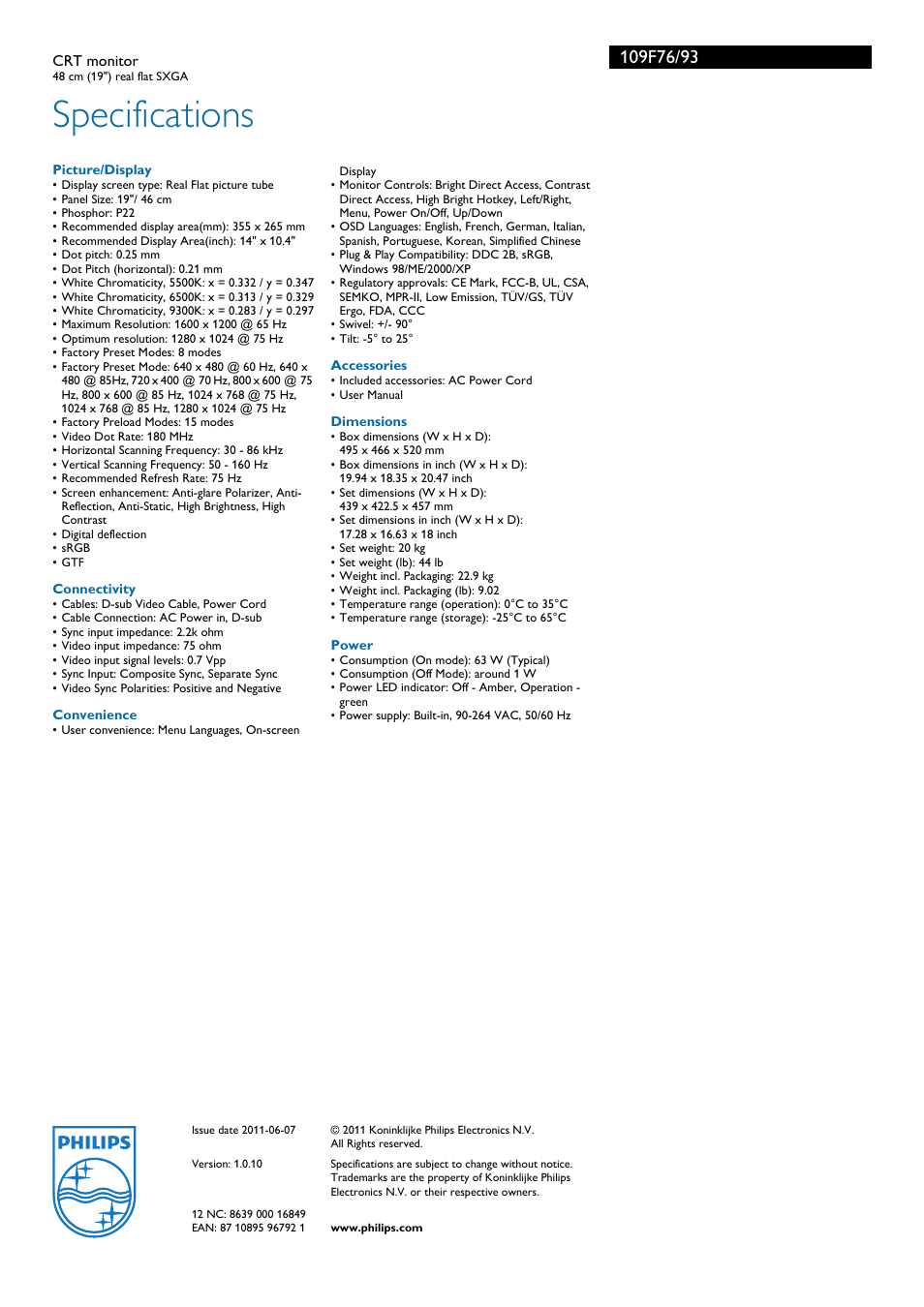 Specifications | Philips 109F76 User Manual | Page 3 / 3