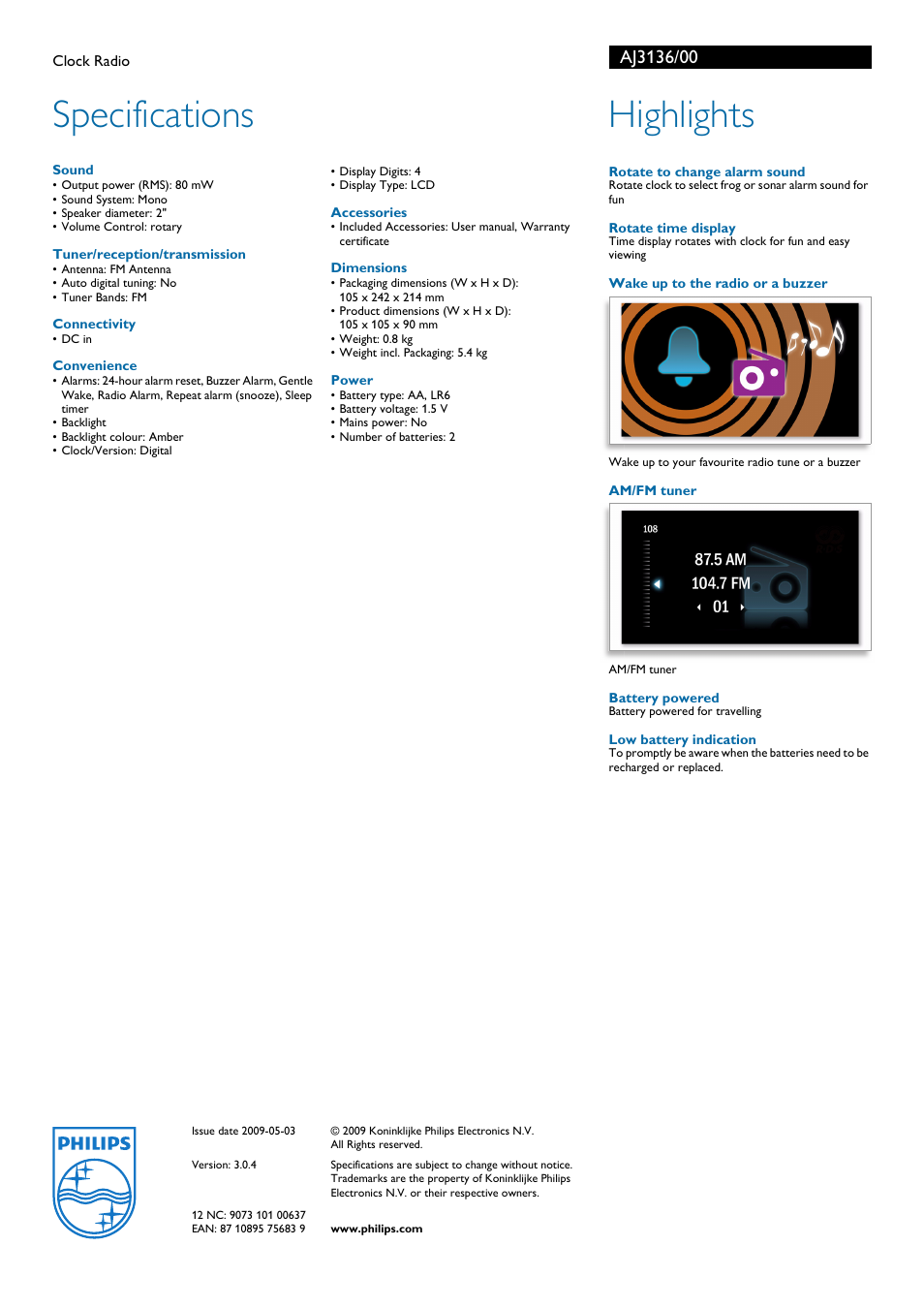 Specifications, Highlights | Philips AJ3136 User Manual | Page 2 / 2