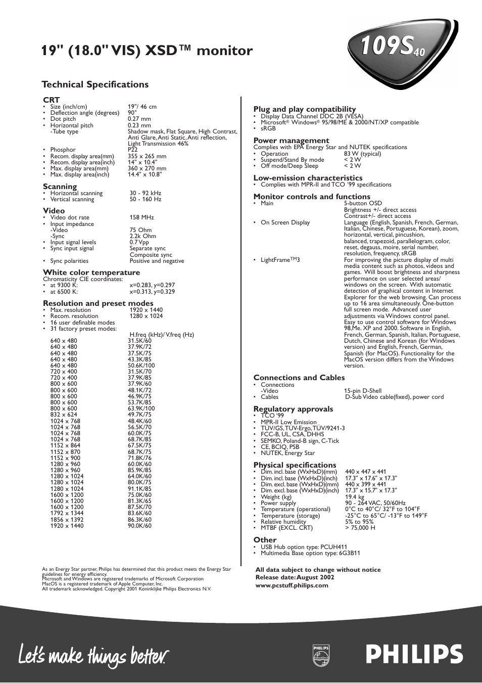 109s, Technical specifications | Philips 109S40 User Manual | Page 2 / 2